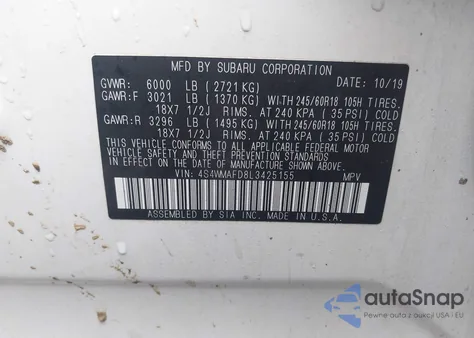 2020 Subaru Ascent Premium из США, поврежденный, VIN 4S4WMAFD8L3425155